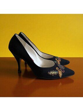 ANDREA PFISTER Couture Vintage Black Fabric Embellished Heels Size 7